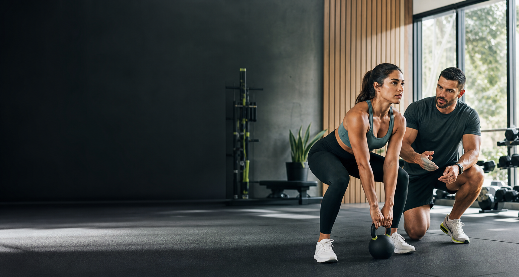 Entrenador guiando un ejercicio de fuerza en un estudio moderno